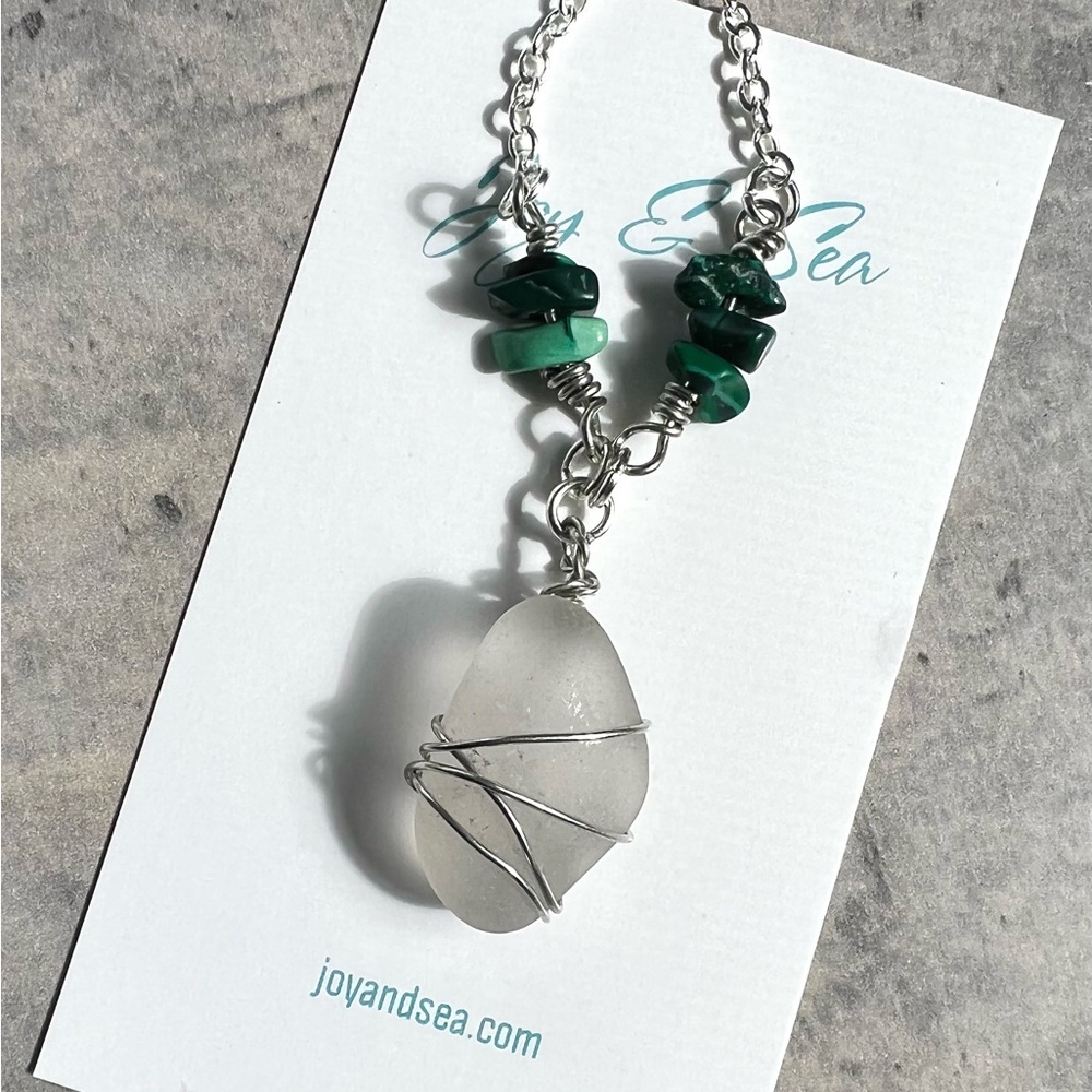 Seaglass + Malachite Crystal Chain Handmade Necklace - Picture 4 of 7